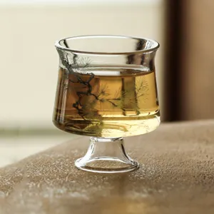 Clear Glass Tea Cup High Stem Kung Fu Tea Master Cup Pine Tree Pattern Drinkware Set