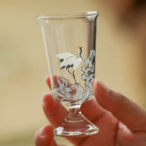 Chinese style high stem glass tea cup with elegant white crane pattern for daily drinking use