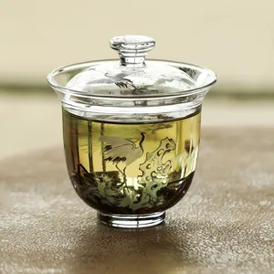 Pine And Crane Pattern Heat Resistant Glass Gaiwan Tea Bowl With Lid Kung Fu Tea Set Traditional Glassware Home Office