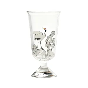 Elegant clear glass tea cup featuring traditional crane and rock painting for daily use.