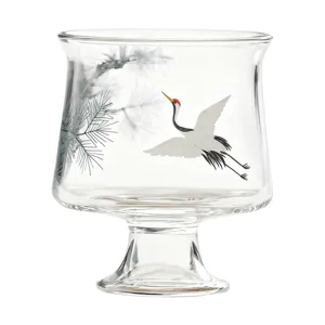Clear glass high-footed tea cup featuring elegant pine and crane design for home tea ceremony.
