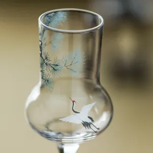Chinese style pine and crane glass teacup elegant high stem tea cup for green tea drinking