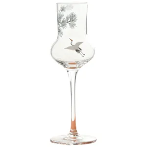 Elegant High Stem Glass Tea Cup with Traditional Chinese Pine and Crane Print Main