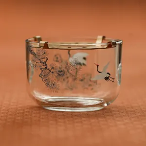 Chauffe théière en verre avec motif pin et grue, socle chauffant à bougie pour service à thé