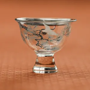 Modern Chinese Style Transparent Glass Kung Fu Teacup Pine Crane Pattern High Foot Personal Master Cup Office Tea Drinkware