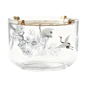 Base chauffe-thé en verre avec cadre en métal et imprimé grue pin traditionnel.