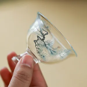 Handmade glass tea cup with pine tree design, elegant master teacup for office and home tea tasting.