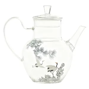 Théière en verre transparent avec motif de pin et de grue, théière chinoise traditionnelle pour la maison.