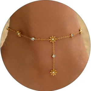 Moda Cavigliera Placcata in Oro con Fiori e Strass Minimalista con Croce e Stella e Perla Artificiale con Anello per il Piede