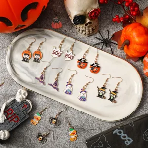 Halloween enamel earrings set featuring cute ghosts, pumpkins and spooky designs for women.