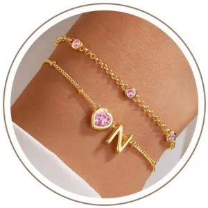 Sweet Copper Rhinestone Layered Chain Bracelet For Women Adjustable Double Layer Gold Tone Heart Initial Alphabet Link Bracelet Birthday Jewelry Gift