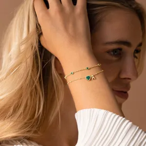 Gold double-layer heart zircon letter A bracelet, sweet cute fashion wrist chain for women