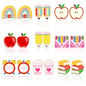 Cute cartoon enamel stud earrings set featuring apple rainbow pencil designs for women girls.