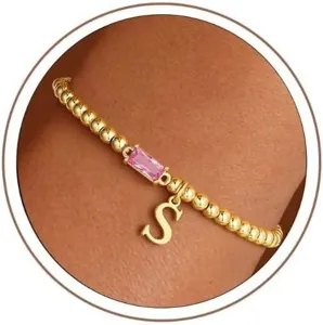 Initial Birthstone Bracelet For Women Gold Plated Bead Bracelet Personalized Letter Charm Rhinestone Bracelet Elegant Jewelry Gift