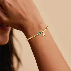 Gold initial birthstone bracelet for women, dainty letter charm bead chain jewelry gift for her