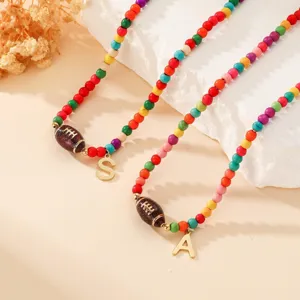 Colorful beaded initial necklace with football charm, fashion sports style clavicle chain for women