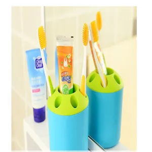 Macro view of portable candy-colored toothbrush holder with multiple storage slots
