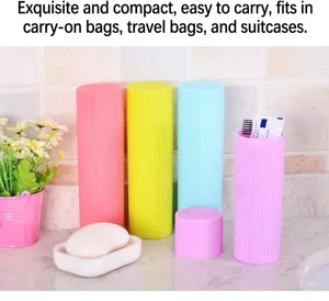 Portable colorful travel toothbrush case holders with soap dish in a bathroom setup.