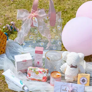 Transparent PVC daisy gift bag with pink ribbon bow handle for wedding favor packaging