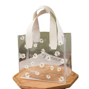 Transparent PVC handbag with daisy prints for wedding gift and Children's Day gift packaging