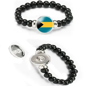Fashion black beaded snap button bracelet with Bahamas flag design for men women