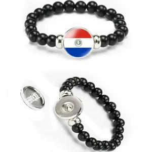 Fashion black beaded stretch bracelet with interchangeable Paraguay flag snap button design unisex.