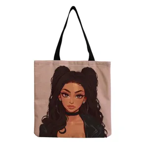 Stijlvolle zwarte meisje print canvas shopper, lichtgewicht casual schouderboodschappentas.