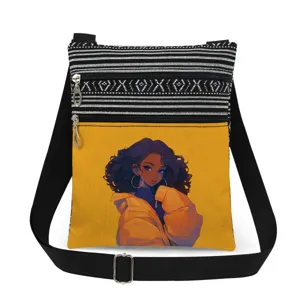 Stylish canvas crossbody bag with black white stripes, dual zippers, and cool girl graphic.