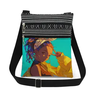 Canvas crossbody bag with anime girl print, double zipper messenger bag for women
