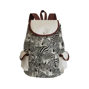 Fashion Printed Canvas Backpack For Students Large Capacity School Bag With Drawstring Flap Casual Travel Daypack Women Backpack