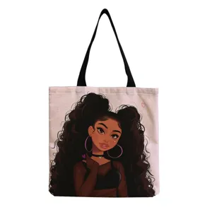Zwarte meisje print canvas tote bag, lichtgewicht opvouwbare schoudertas voor dagelijks winkelen.