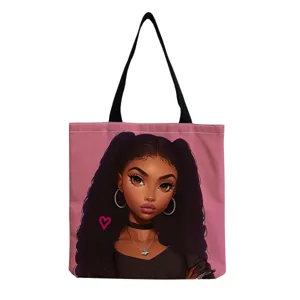 Gedetailleerd overzicht van de stijlvolle canvas tote bag met zwarte meidenprint en hengsels.