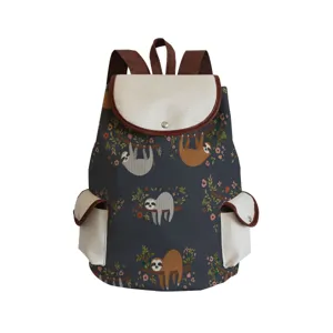 Sloth print canvas backpack detail, cute casual student bookbag with flap pockets.