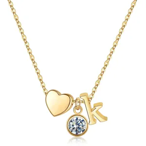 Collier lettre K doré avec pendentif cœur et cristal, chaîne clavicule mignonne pour femme.
