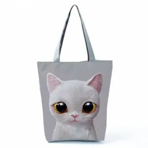 Sac cabas en toile avec imprimé chat blanc mignon, sac à main gris décontracté pour femme.