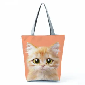 Détail de sac cabas en toile avec chat orange mignon, vue de sac à épaule pour femme