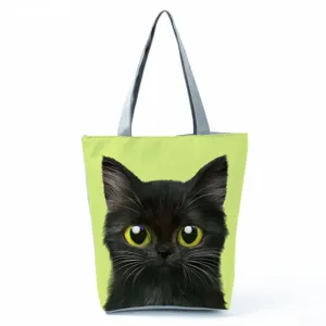 Sac cabas en toile avec motif chat noir mignon, sac à main minimaliste portable pour femmes.