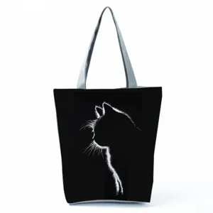 Sac cabas mignon imprimé chat avec anses grises, sac à main tendance et pratique pour femme.