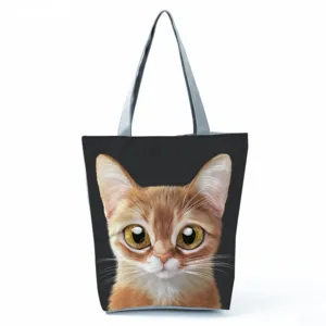 Sac cabas en toile avec imprimé chat mignon, sac à épaule décontracté pour femme.