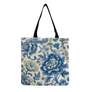 Chinese style blue and white porcelain floral print canvas tote bag, casual shoulder bag.