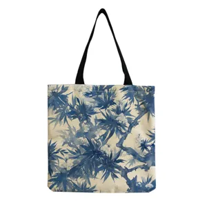 Detail view of Chinese style blue and white porcelain printed canvas tote bag for casual shopping