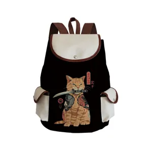 Japanese Ukiyo-e Cat Printed Canvas Backpack Large Capacity School Backpack For Students Casual Travel Backpack With Flap Drawstring Open