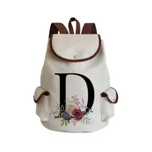 Floral letter D canvas backpack, stylish casual casual daypack for women and student bag.
