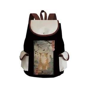 Canvas backpack detail showing the Japanese ukiyo-e cat print, contrast flaps and sturdy brown straps.