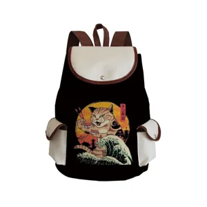 Canvas backpack with cat sushi graphic, large capacity travel bag for students and daily use.