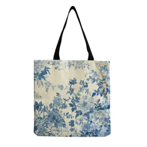 Close-up detail of the Chinese style blue and white floral printed canvas tote shopping bag.