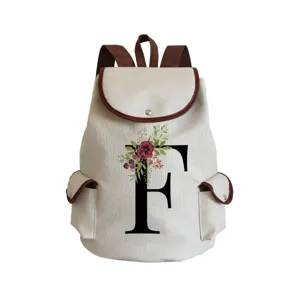 Close-up detail of a chic beige canvas backpack featuring brown trim and floral letter F print.
