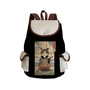 Canvas detail showing Japanese cat print design, black backpack with contrast pocket and flap.