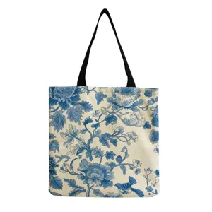 Chinese style blue and white porcelain floral print canvas tote bag, casual daily shoulder bag.