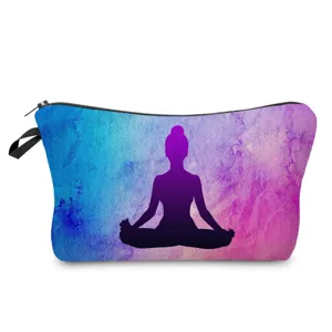 Watercolor yoga silhouette cosmetic bag, portable zipper makeup pouch for travel daily use.